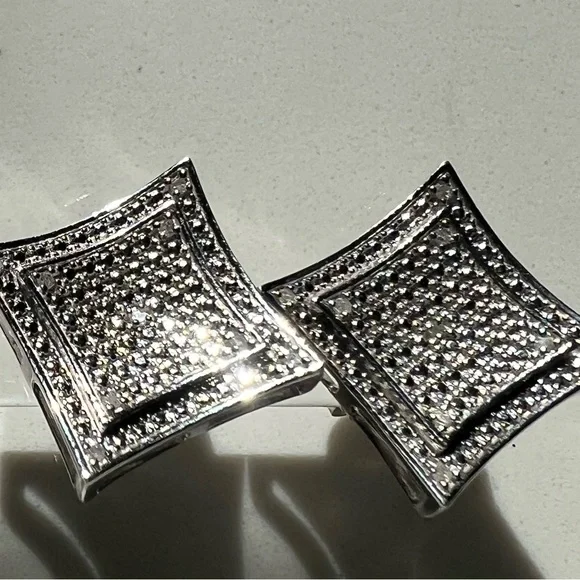 Mens 14K White GoldOver Solid Sterling SilverDiamonds DesignerEarrings